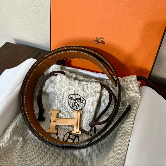 Hermes H Belt 32 mm Black  & Gold Leather, Rose Gold Hardware, 80 cm, Giftable - Picture 2 of 5